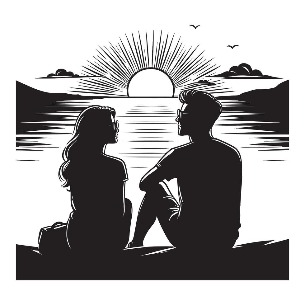 Silhouette of a couple sitting on the beach with the sun setting vector