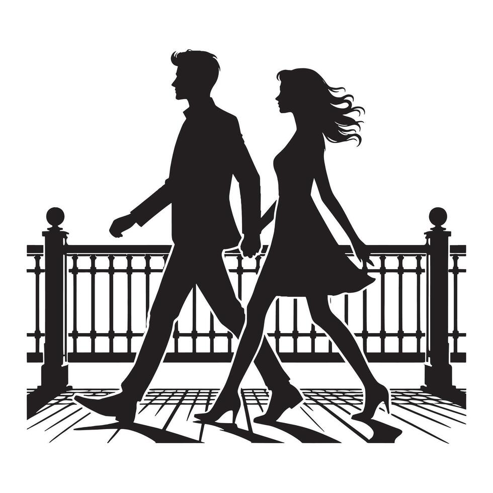 Silhouette of a couple walking on a bridge vector