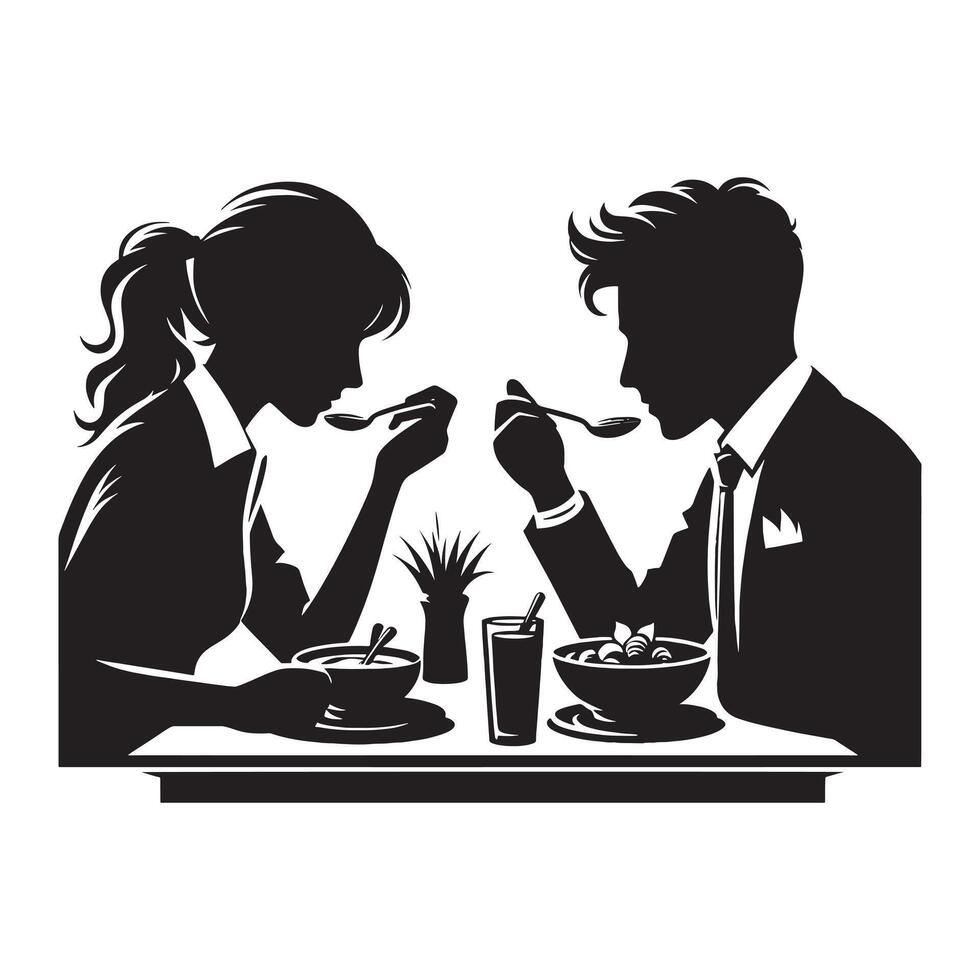 Silhouette of a couple eating at a table vector