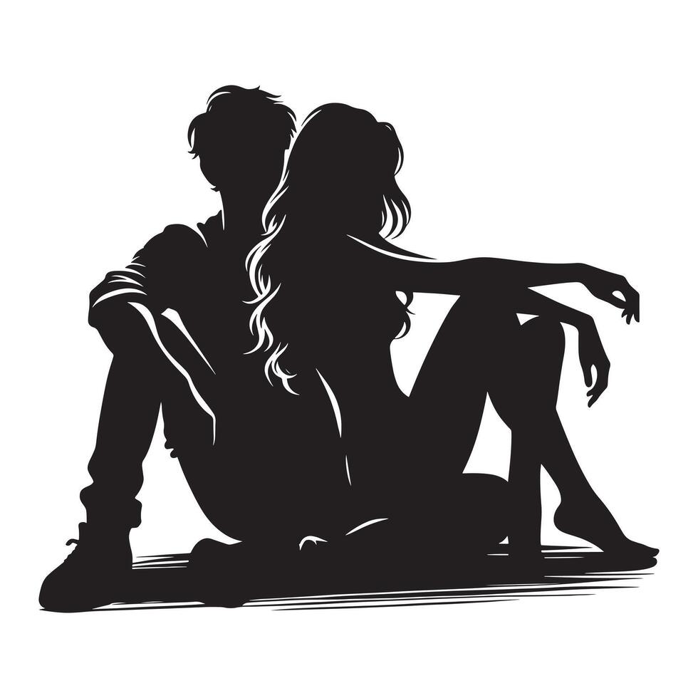 Silhouette of a couple sitting on the ground vector