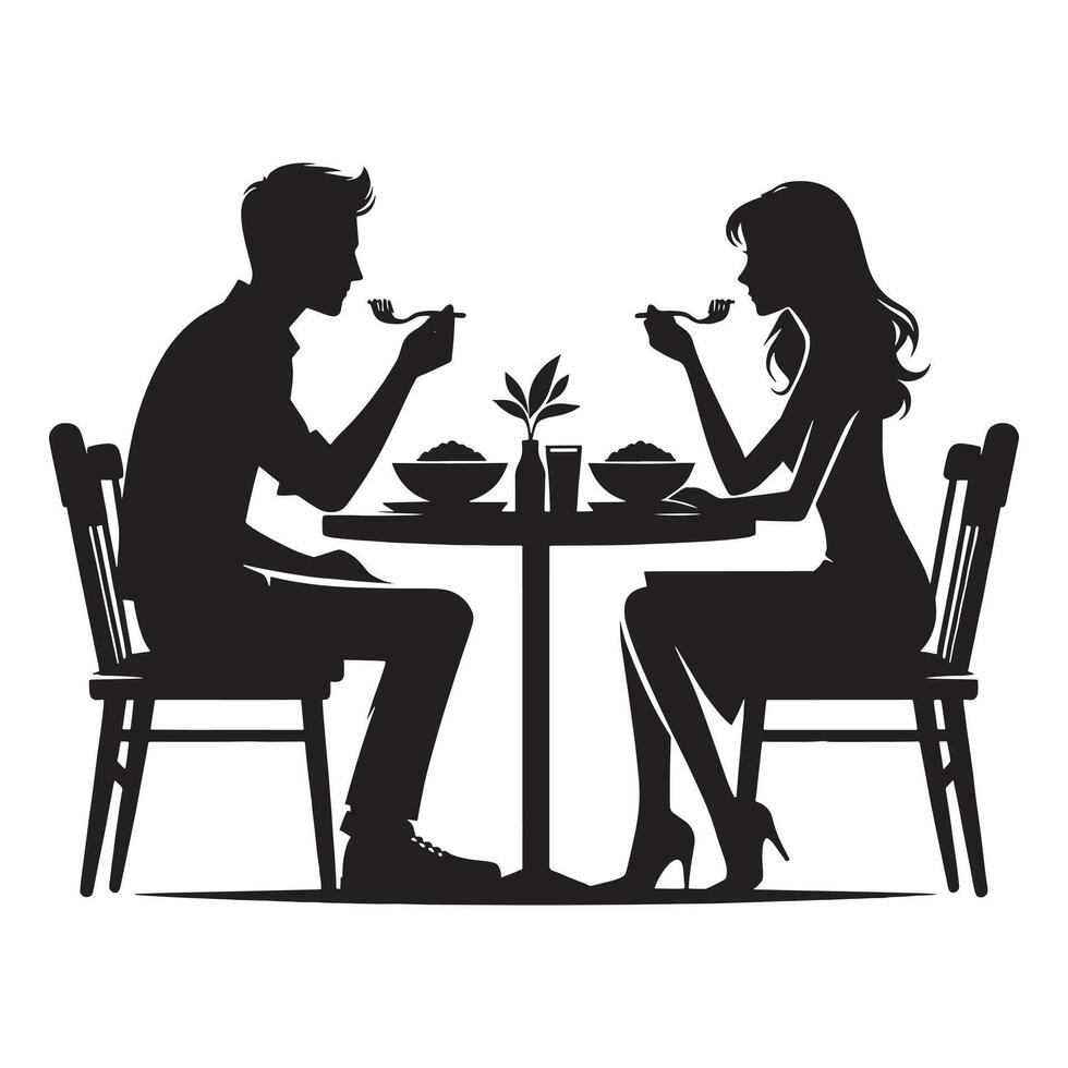 Silhouette of couple eating at table vector