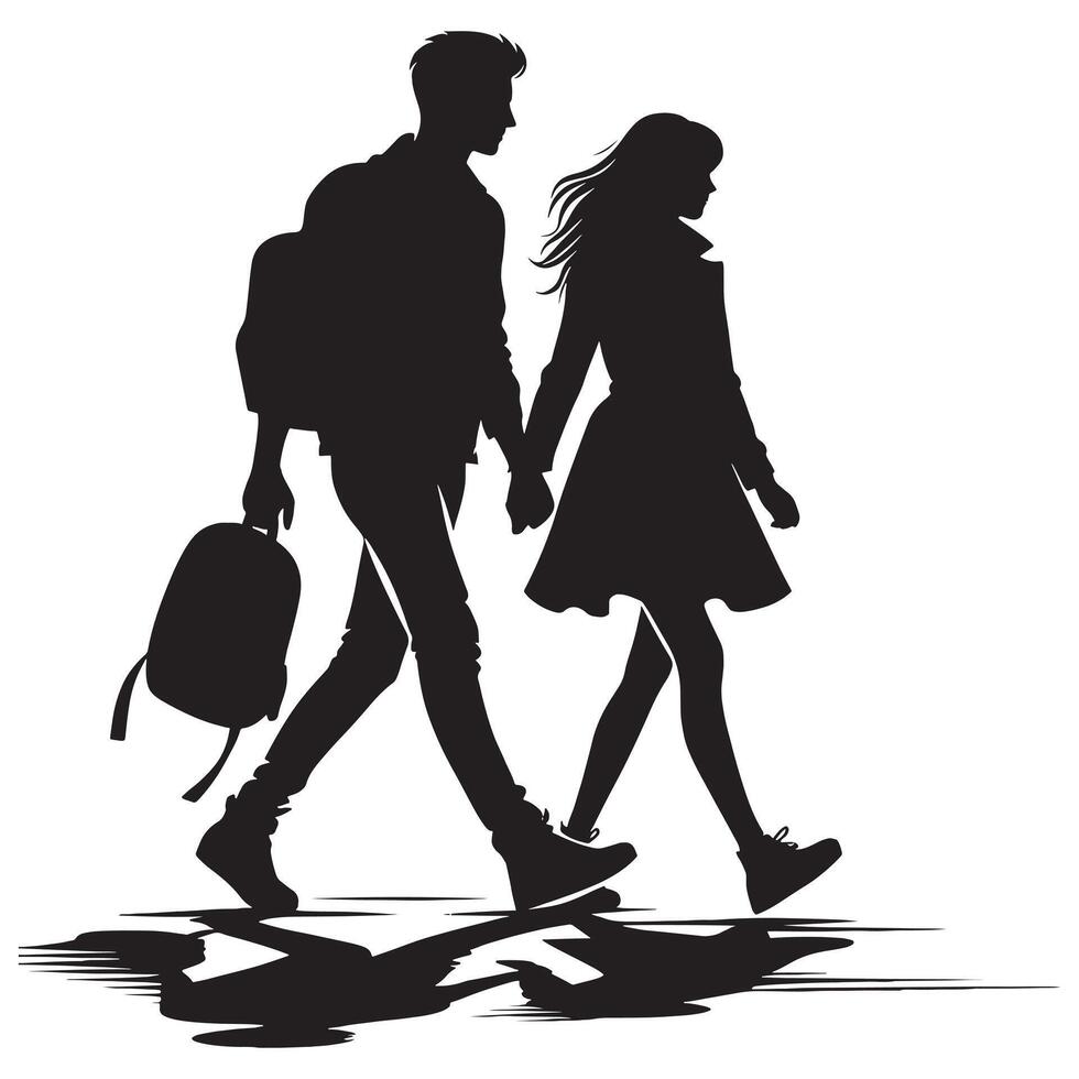 Silhouette of a couple walking with luggage vector