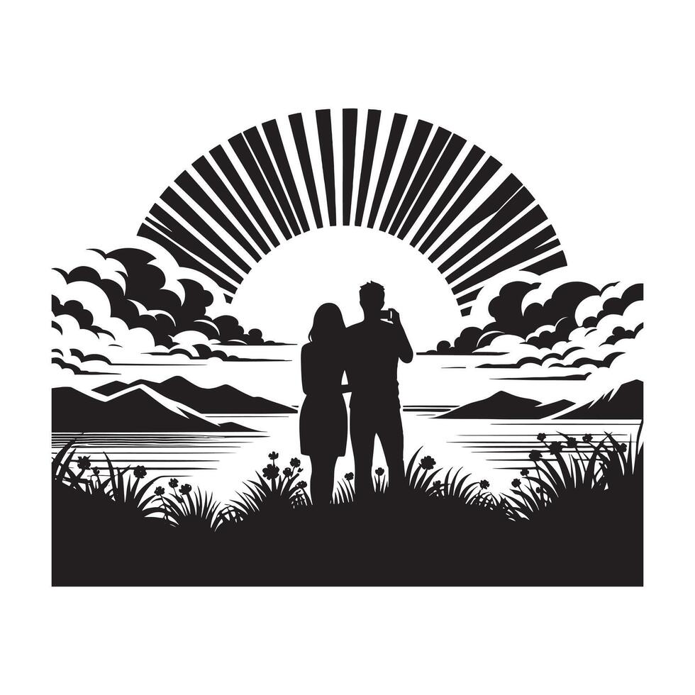 Silhouette of couple standing in front of the sunset vector