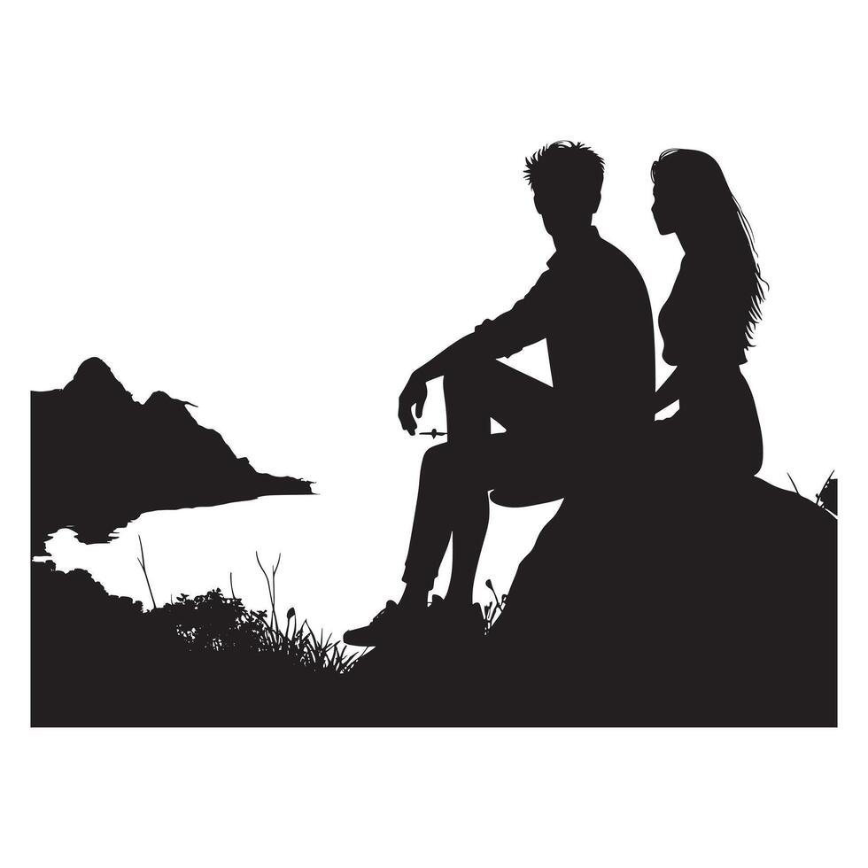 Silhouette of couple sitting on rock by the sea vector