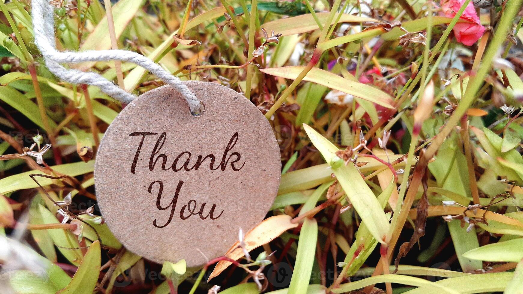 thank you sign on natural grass and flower background, thank you round tag, thank you label with green grasses background photo