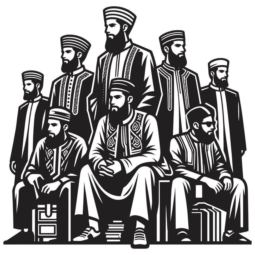 A group of men in traditional clothing sitting on a bench vector