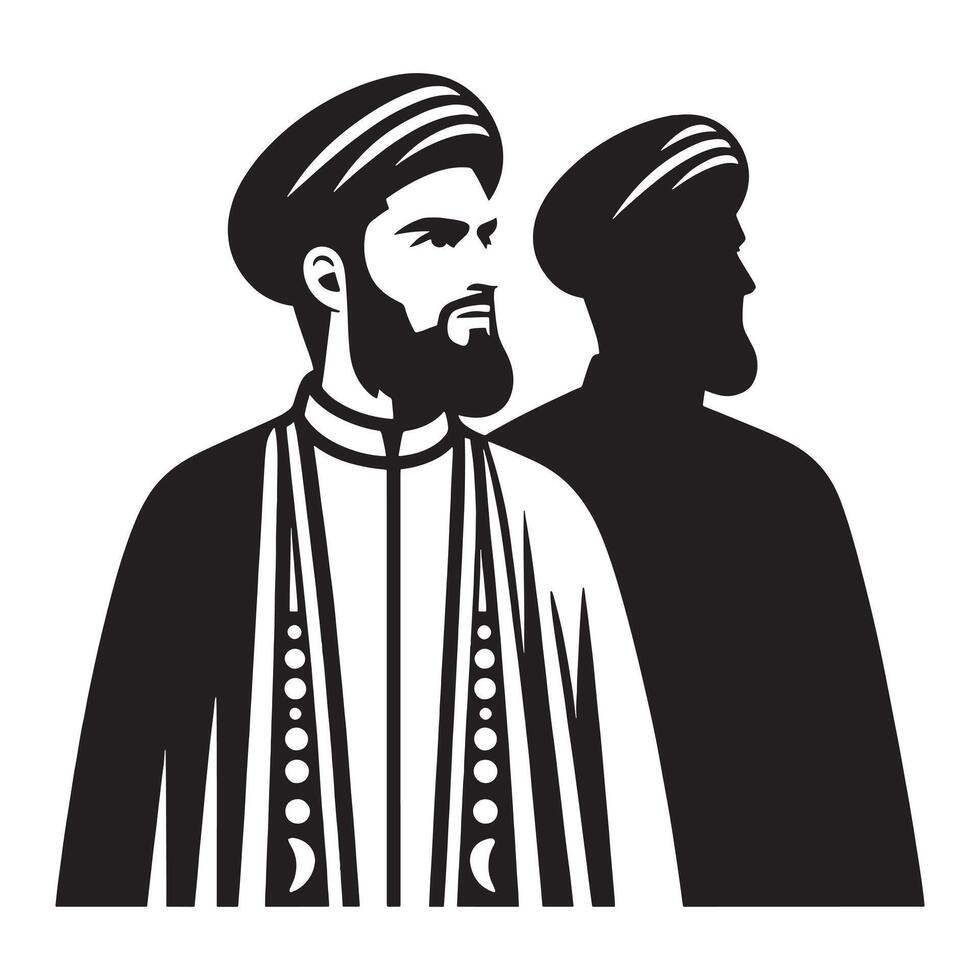 Two men in traditional clothing, one with a beard and the other with a turban vector