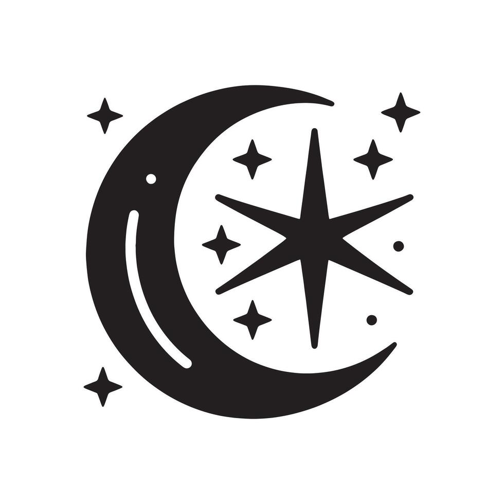 A black and white illustration of a crescent and star vector