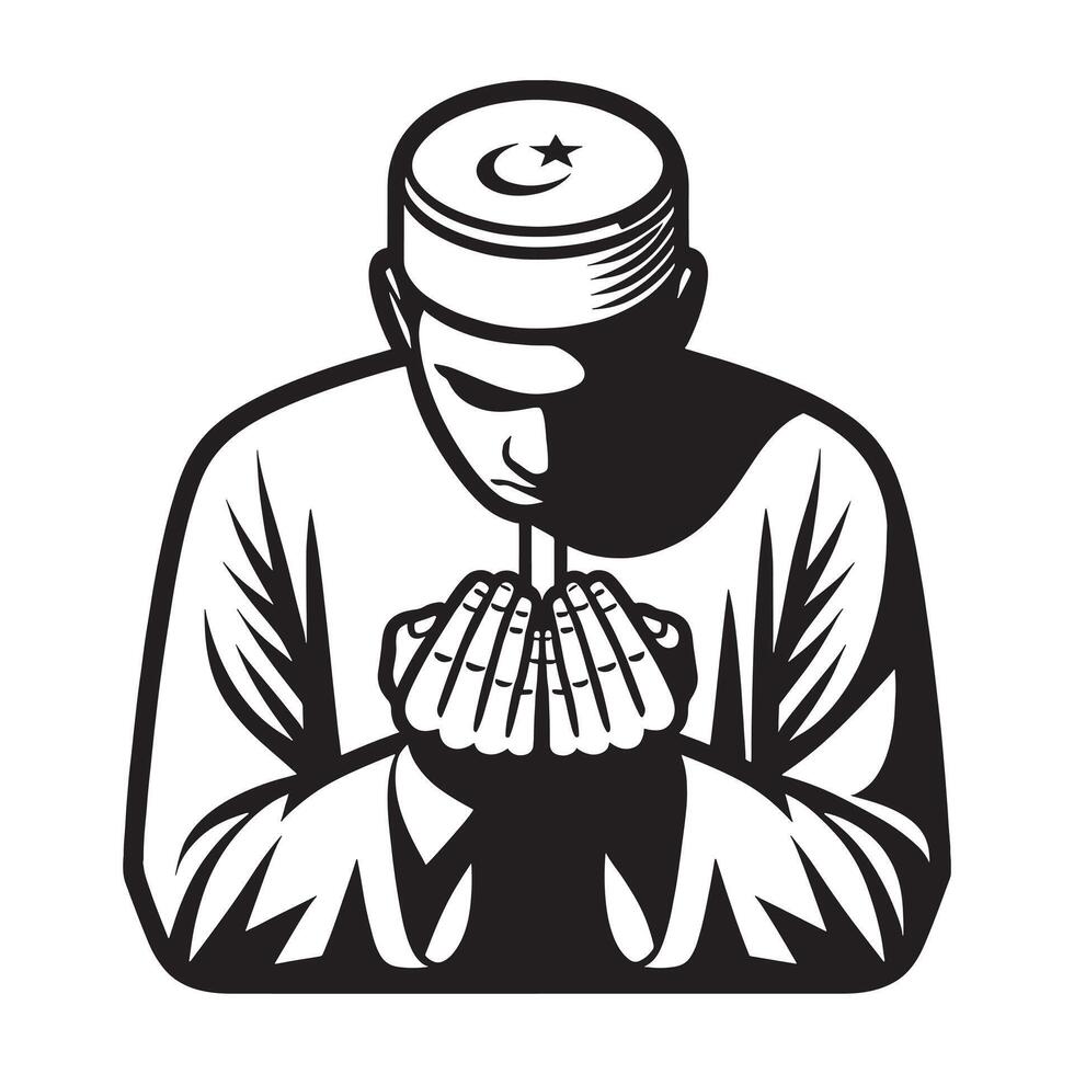 Muslim man praying with hands folded in prayer position illustration vector