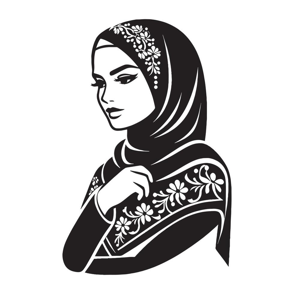 A black and white illustration of a woman in a hijab vector