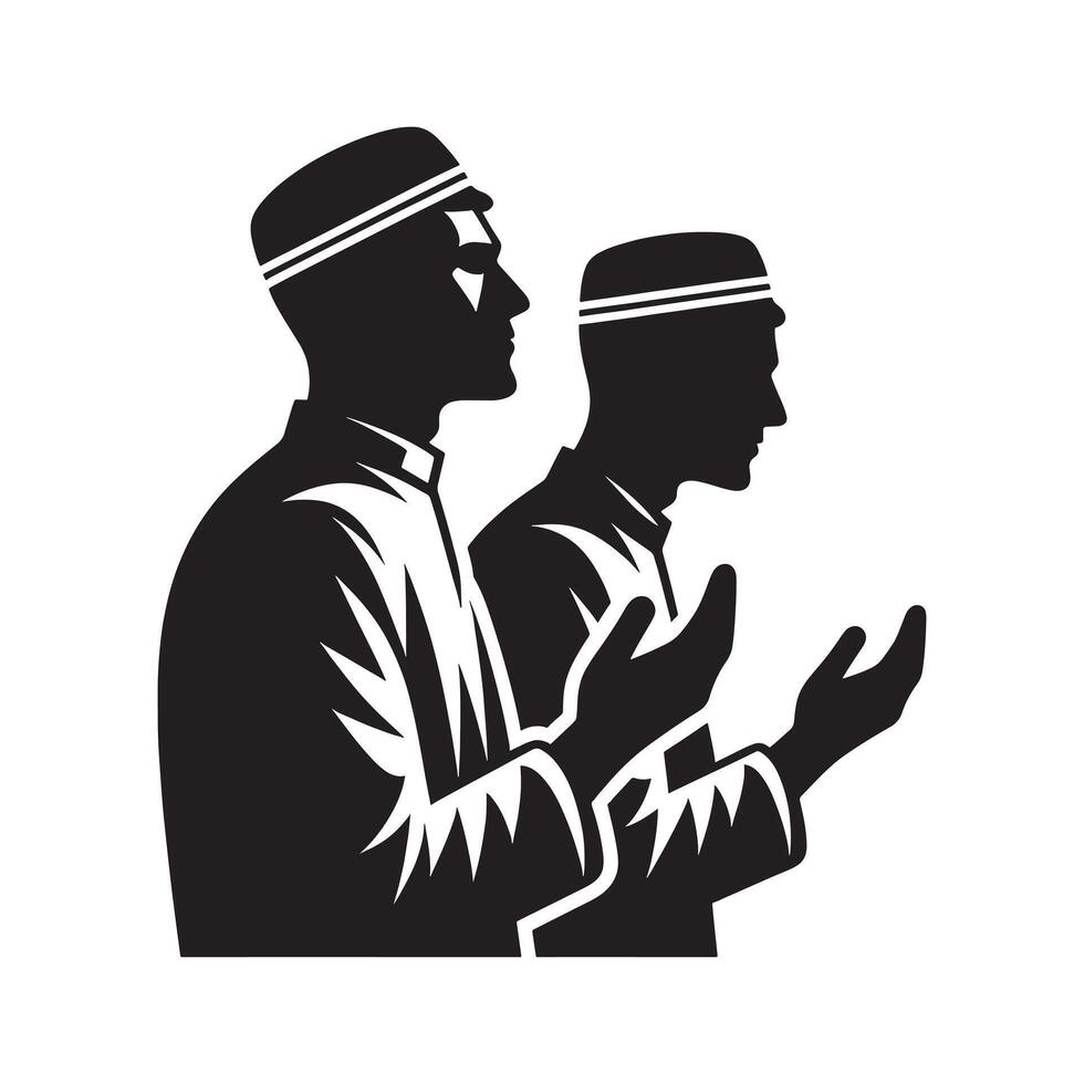 Two men in muslim clothing praying together vector