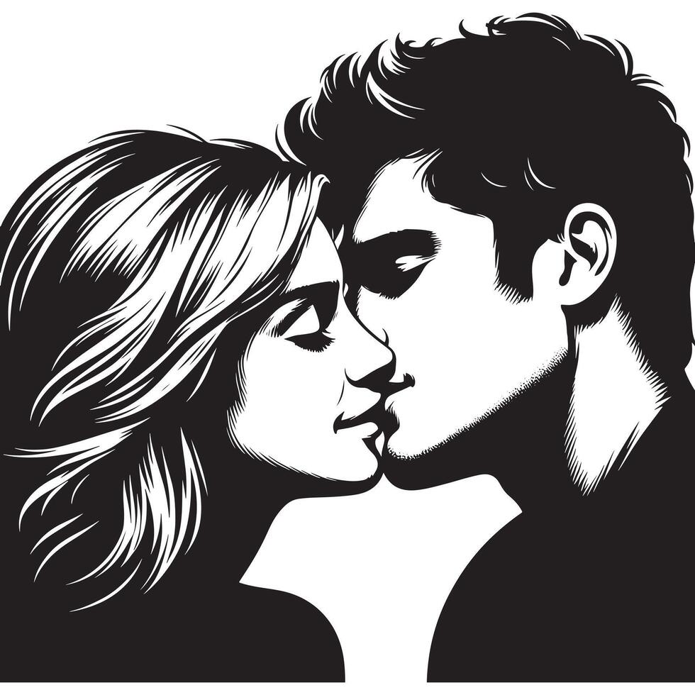 A black and white drawing of a couple kissing vector