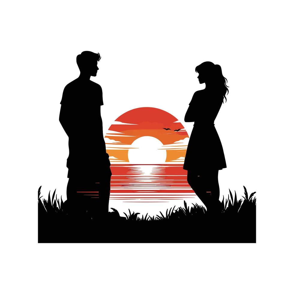 A couple is silhouetted against the sunset vector
