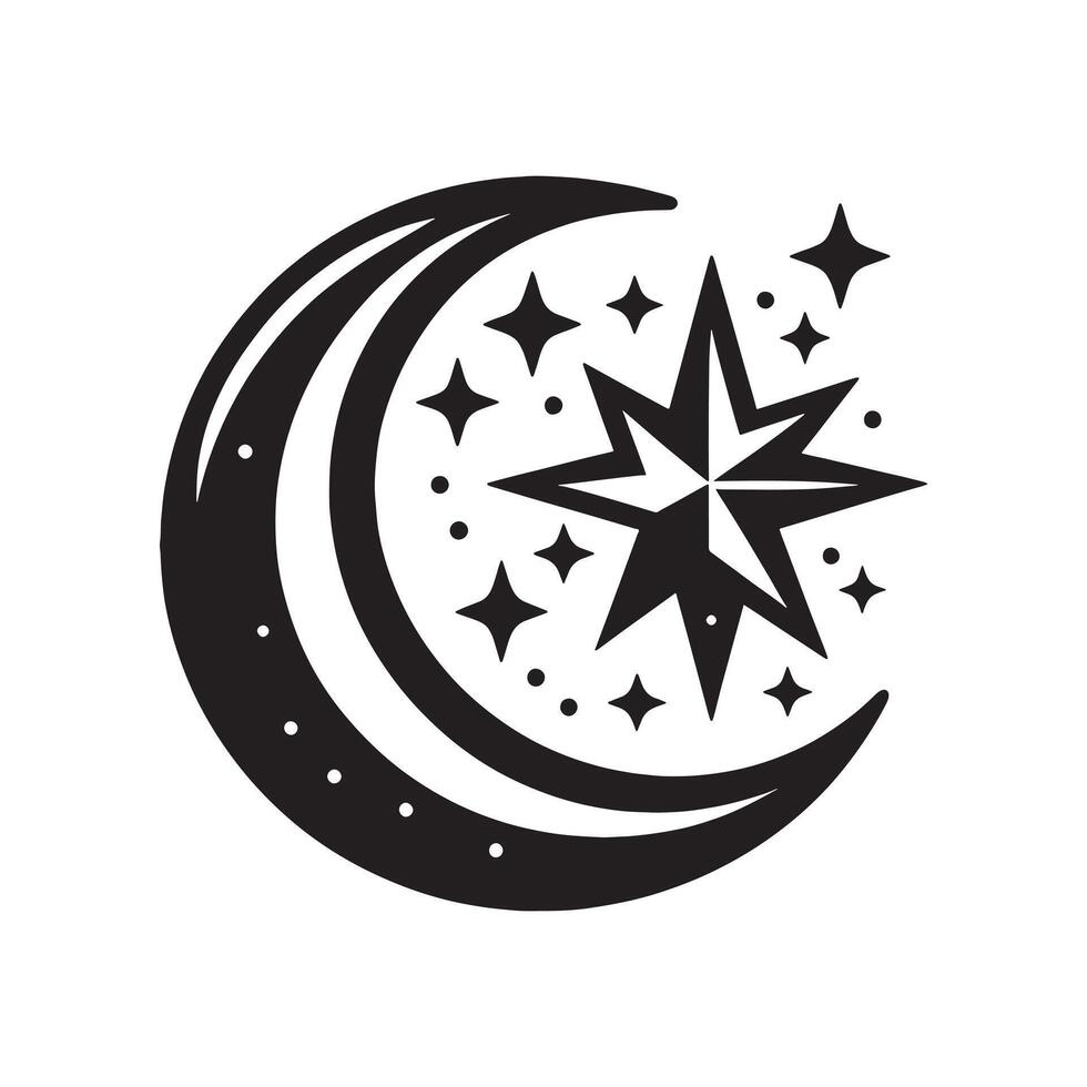 A black and white illustration of a crescent with stars vector
