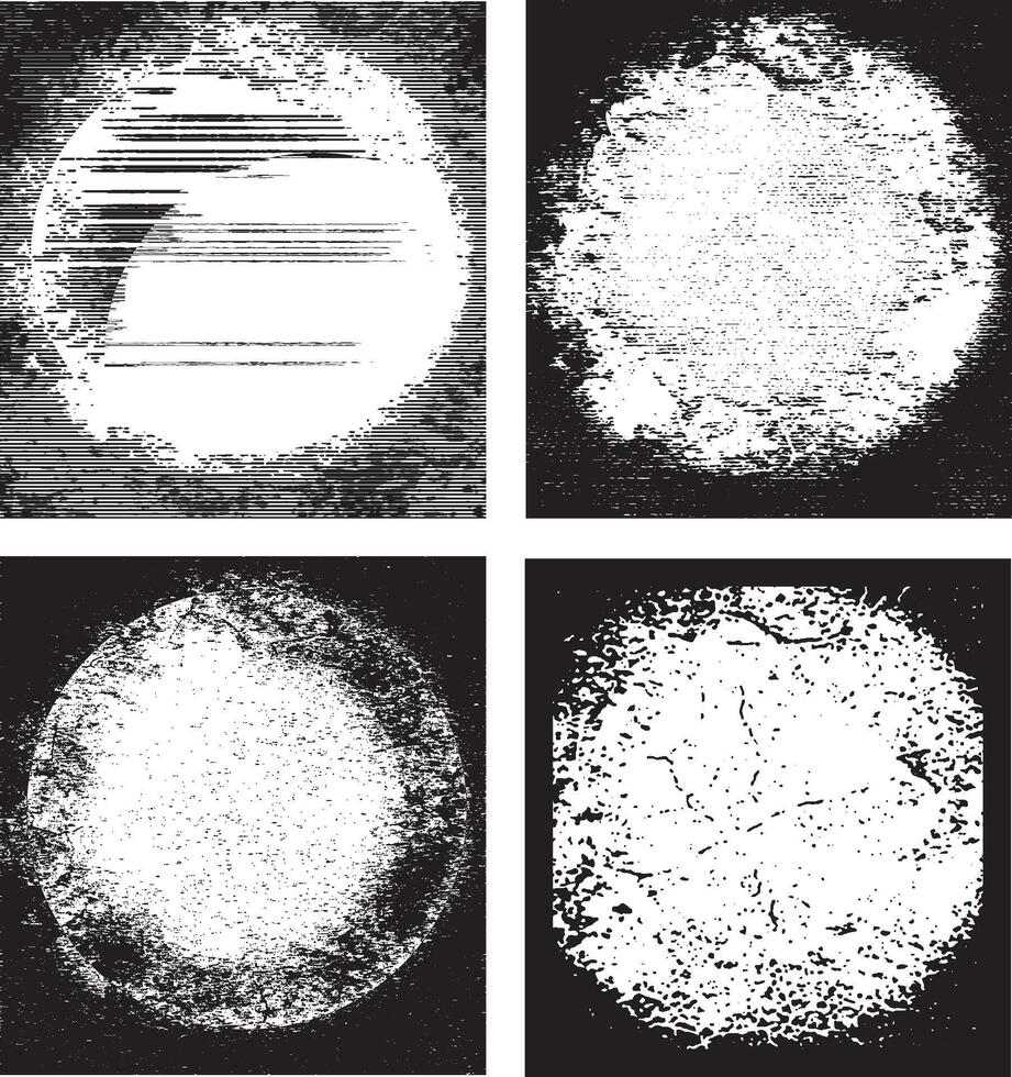 set of grunge frames, a black and white grunge photo frame of a round circle border, four round frames with black paint on them, four different images of the moon and sun vector