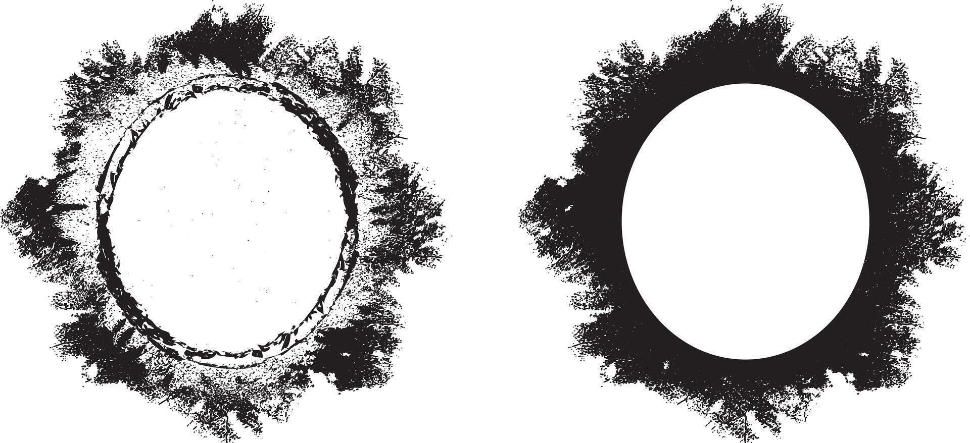 two oval frames with black and white paint set, a black and white picture frame of a mirror and a black frame with a black border, grunge frame set vector