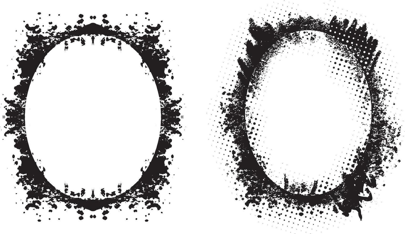 two oval frames with grunge paint splatters set, a black and white picture frame of a mirror and a black frame with a black border, grunge frame set vector