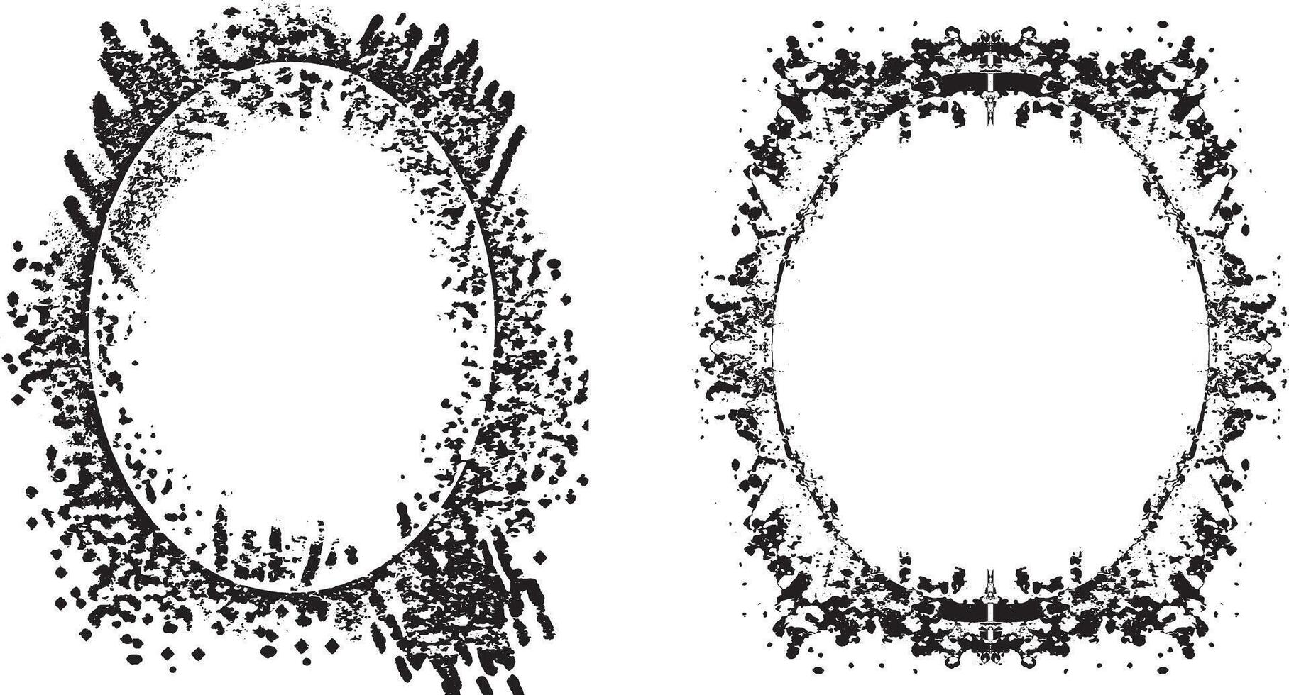two oval frames with grunge paint splatters set, a black and white picture frame of a mirror and a black frame with a black border, grunge frame set vector