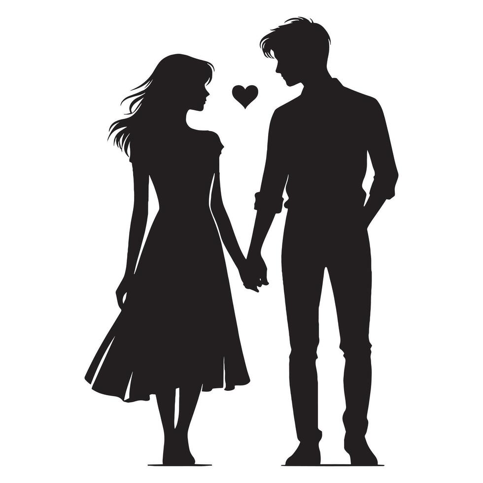 Silhouette of a couple holding hands and standing in front of a heart vector