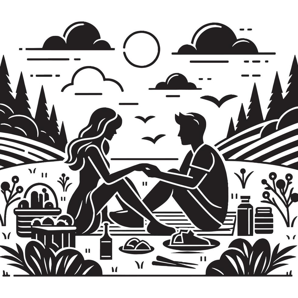 A black and white illustration of a couple sitting on a picnic blanket vector