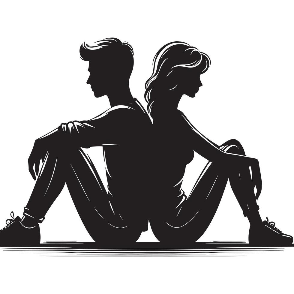 Silhouette of a couple sitting on the ground vector