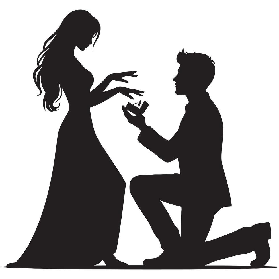 Silhouette of a man kneeling down to propose to a woman vector