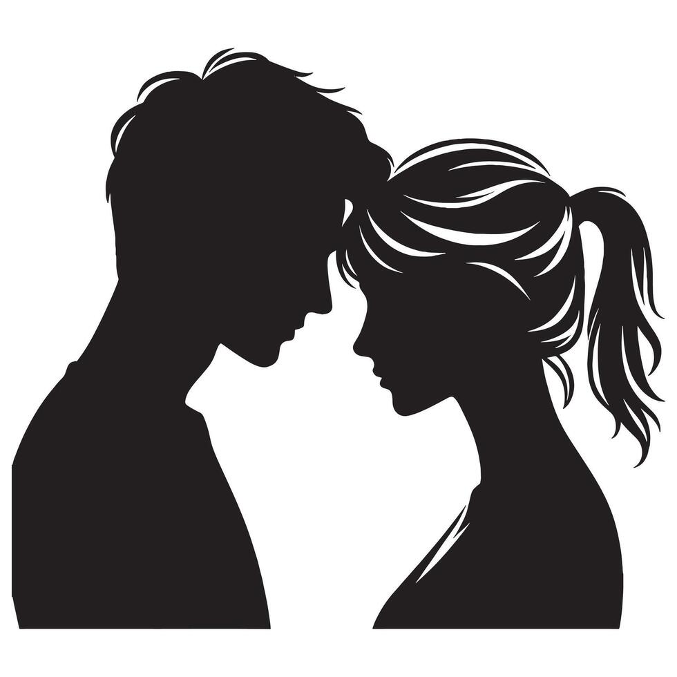 Silhouette of a couple in profile, with their faces facing each other vector