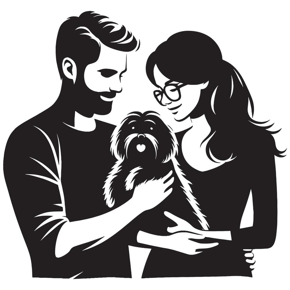 A man and woman holding a dog in their arms vector
