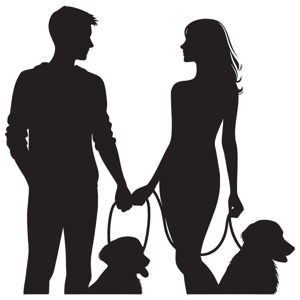 Silhouette of a man and woman with their dog vector