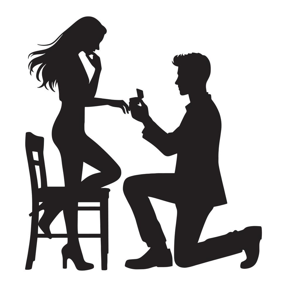 Silhouette of man proposing to woman on chair vector