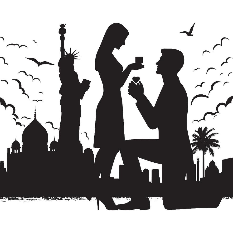 Man proposing to woman in front of statue of liberty vector