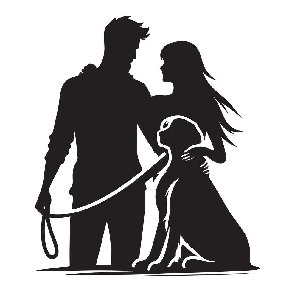 Silhouette of a man and woman with a dog vector