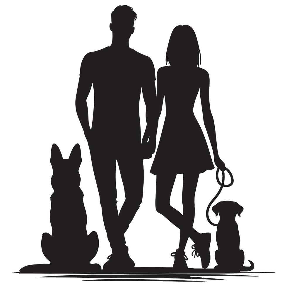 Silhouette of a couple with their dog vector