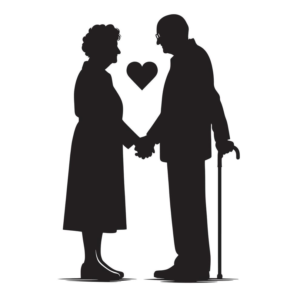 Silhouette of elderly couple holding hands and holding heart vector