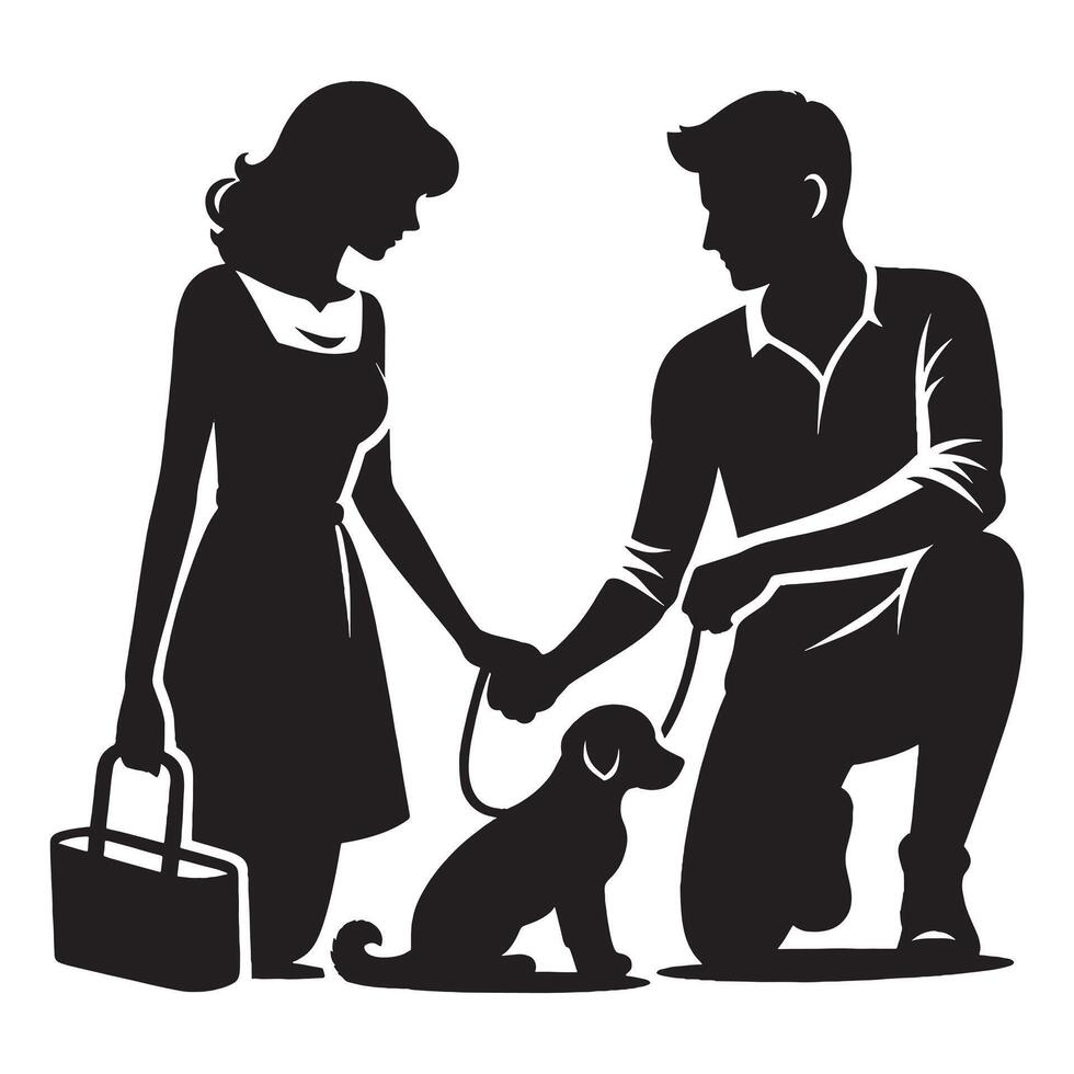 Silhouette of a man and woman with a dog vector