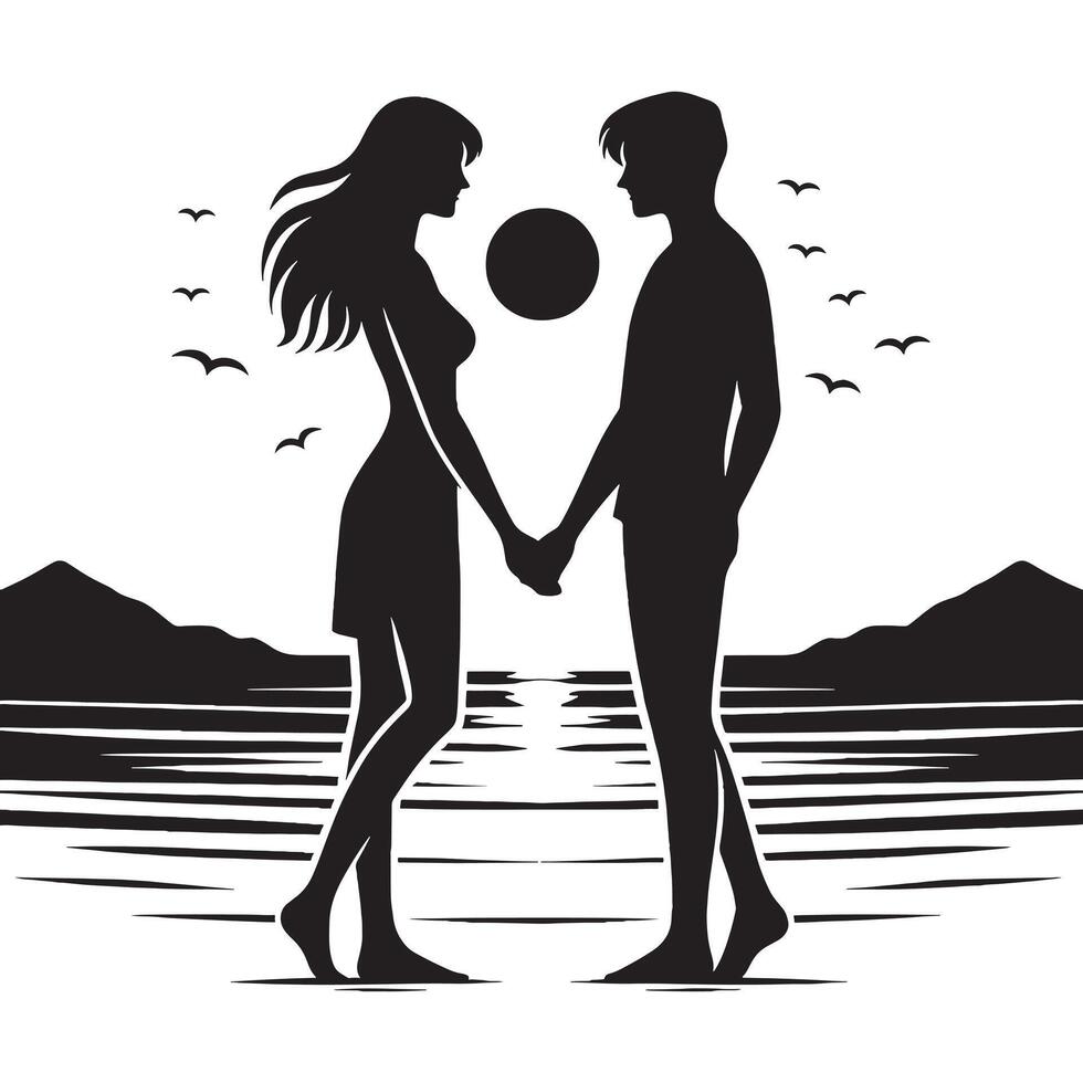 Silhouette of a couple holding hands in the water vector