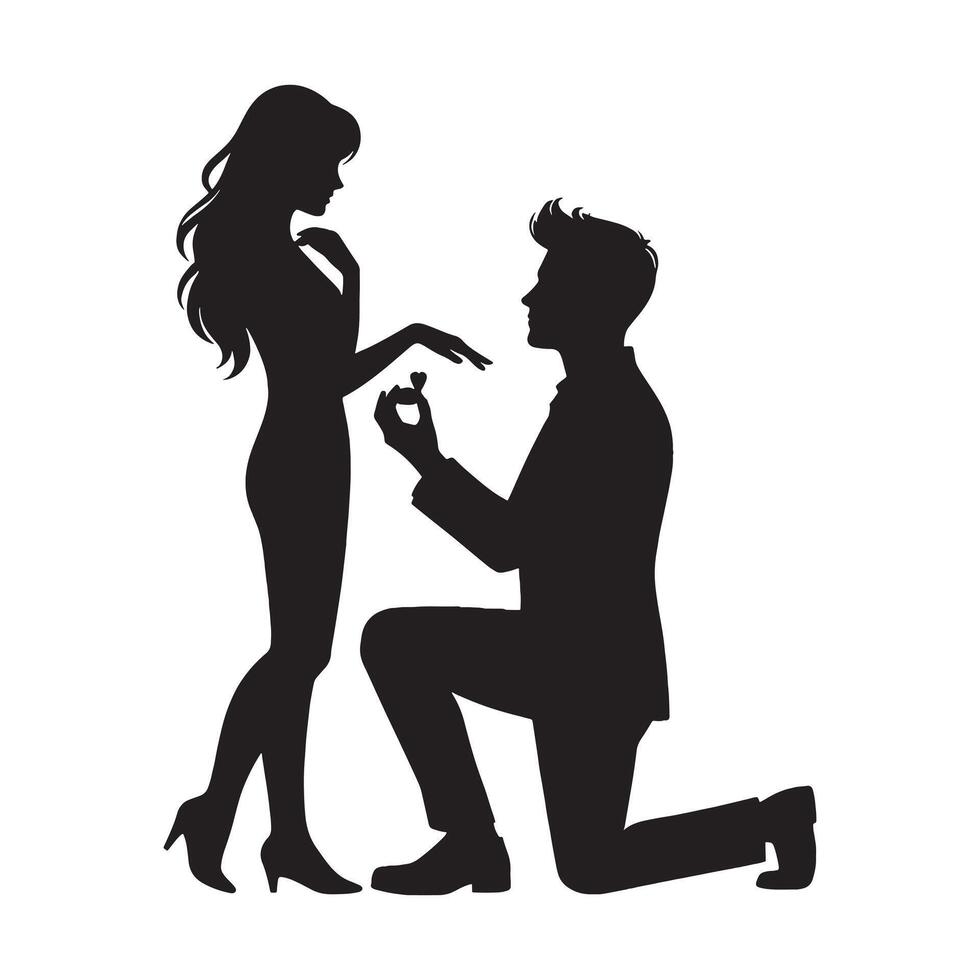 Man kneeling down to propose to woman silhouette vector