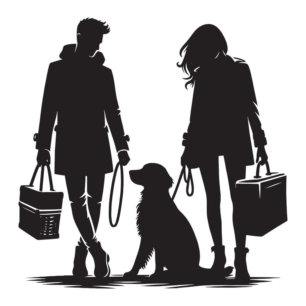Silhouette of a couple with a dog and shopping bags vector