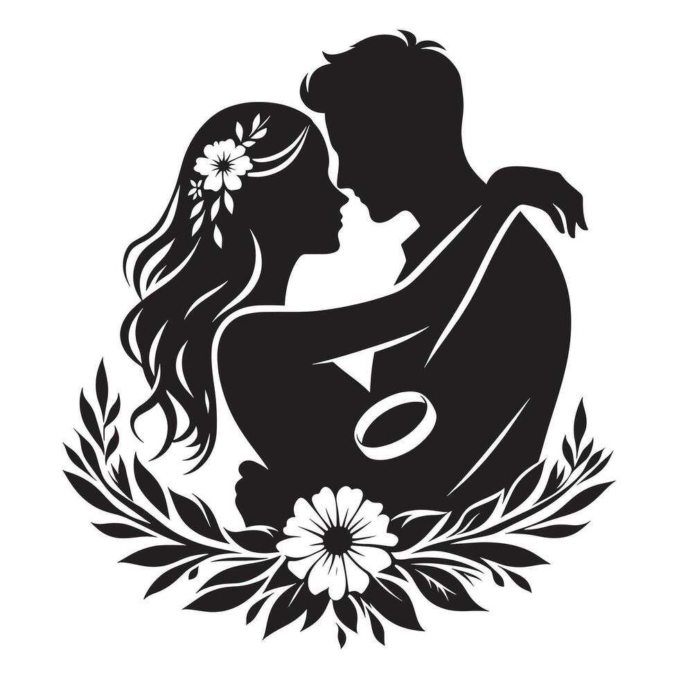 Silhouette of a man and woman kissing in front of a floral wreath vector