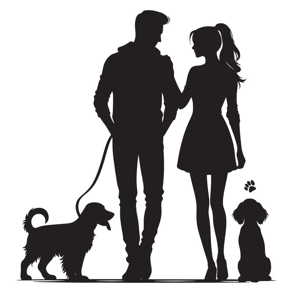 Silhouette of a couple with their dog vector