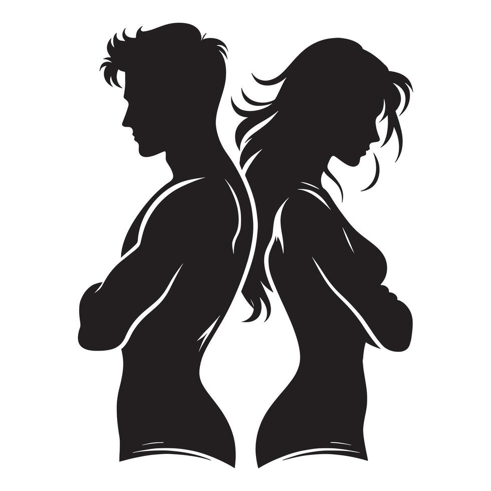 Silhouette of a man and woman standing in front of each other vector