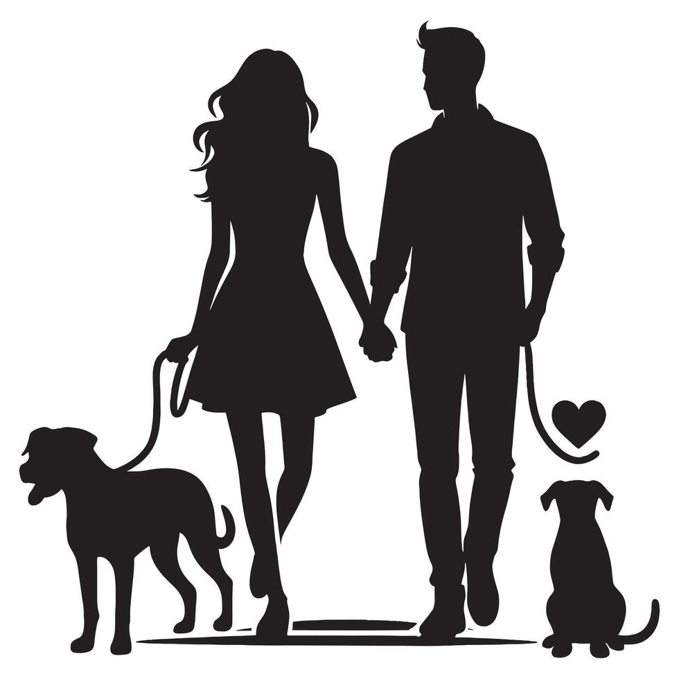 Silhouette of a couple walking their dog vector