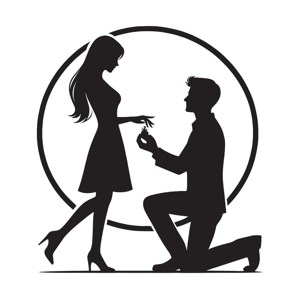 Silhouette of a man kneeling down to propose to a woman vector