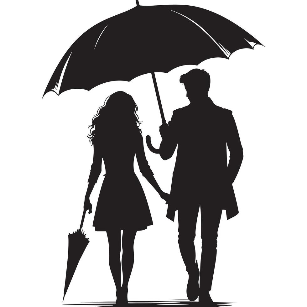 Silhouette of a couple walking under an umbrella vector