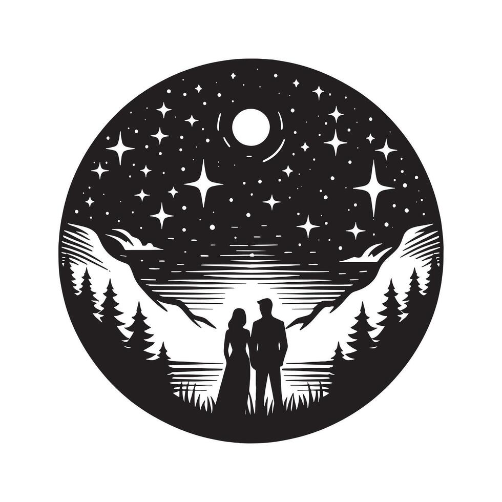 A couple standing in front of a mountain and stars vector
