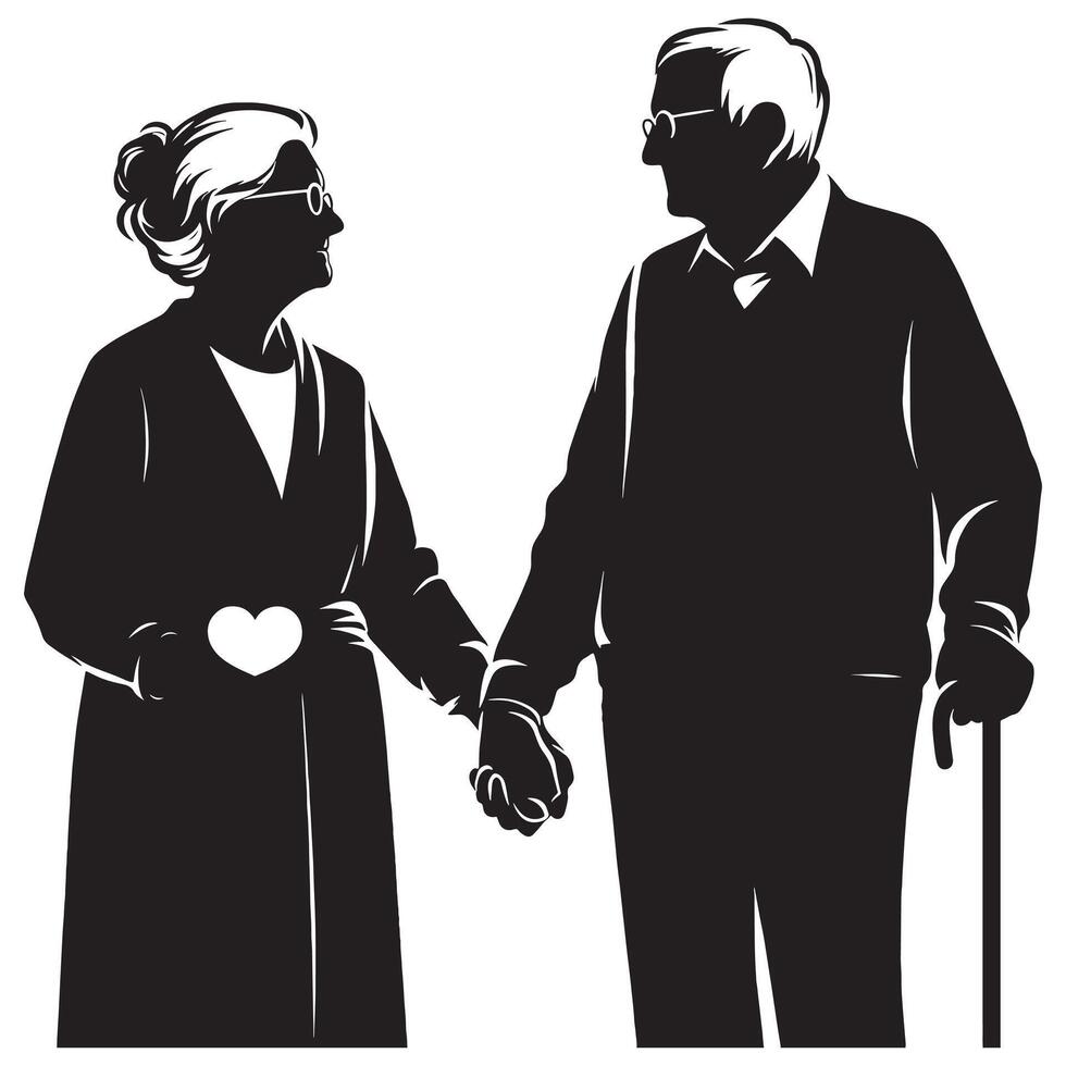An elderly couple holding hands and walking in silhouette vector