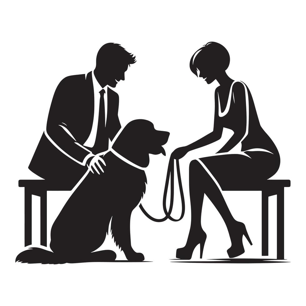 A man and woman sitting on a bench with a dog vector