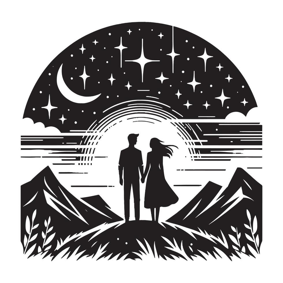 A man and woman standing in front of a mountain and stars vector