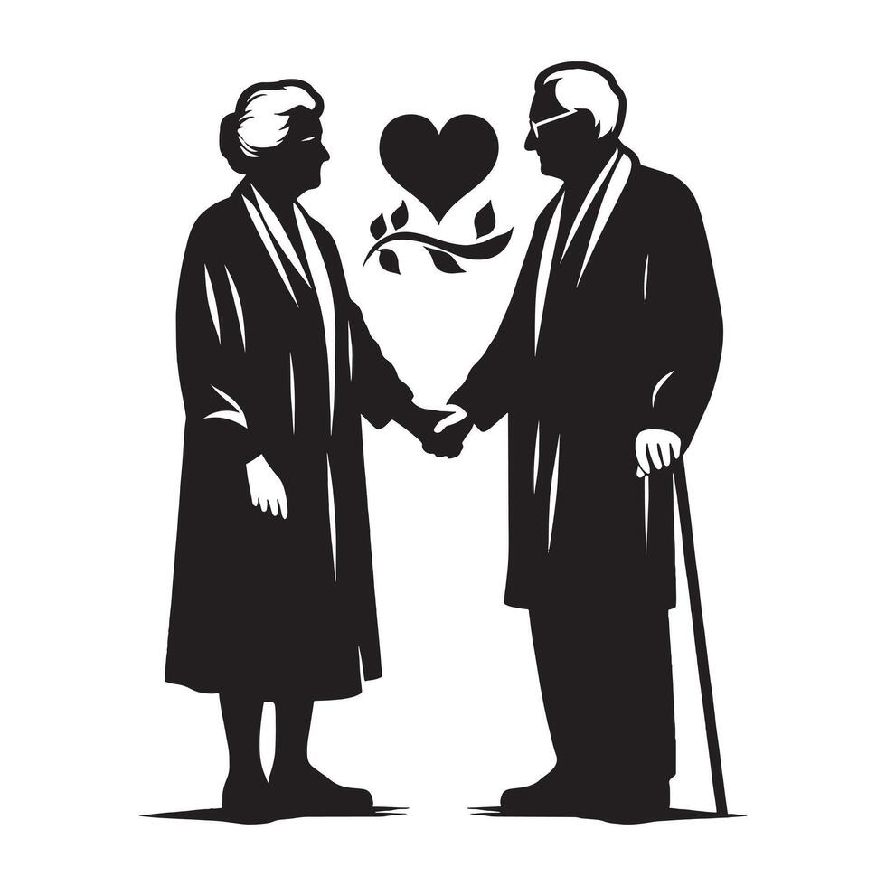 An elderly couple holding hands with a heart vector