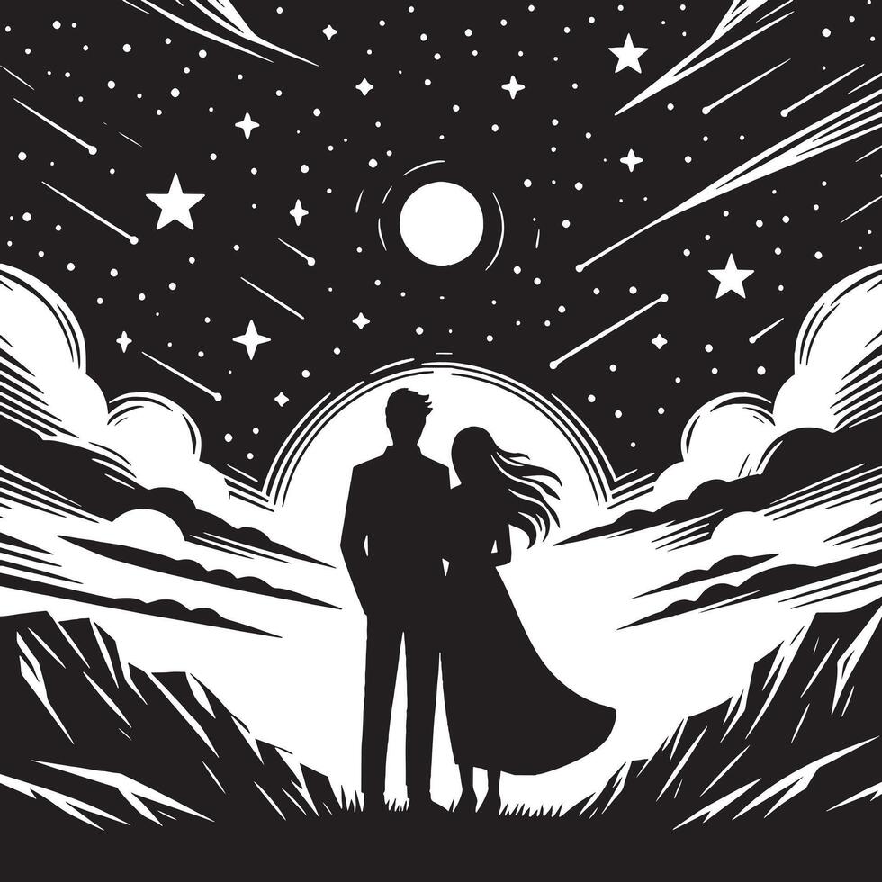 A black and white illustration of a couple standing in front of a mountain vector